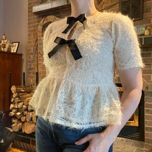 Joie Cream Lace Peplum Blouse with Black Bows